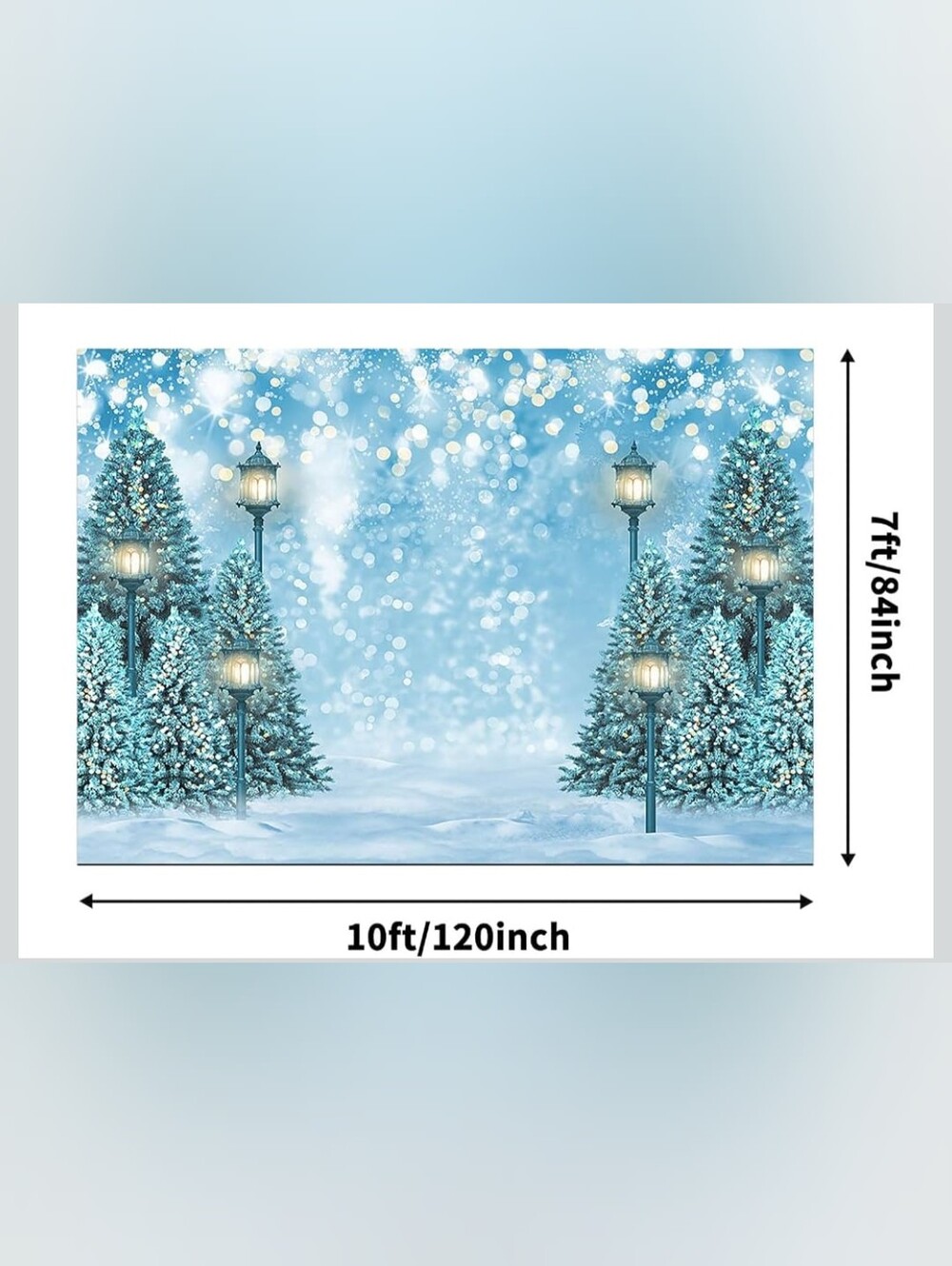 Winter Snowy Trees Backdrop with Lamp Posts - Blue, 10ft X 7ft